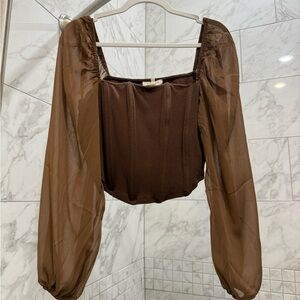 Brown Sheer Sleeve Women's Top